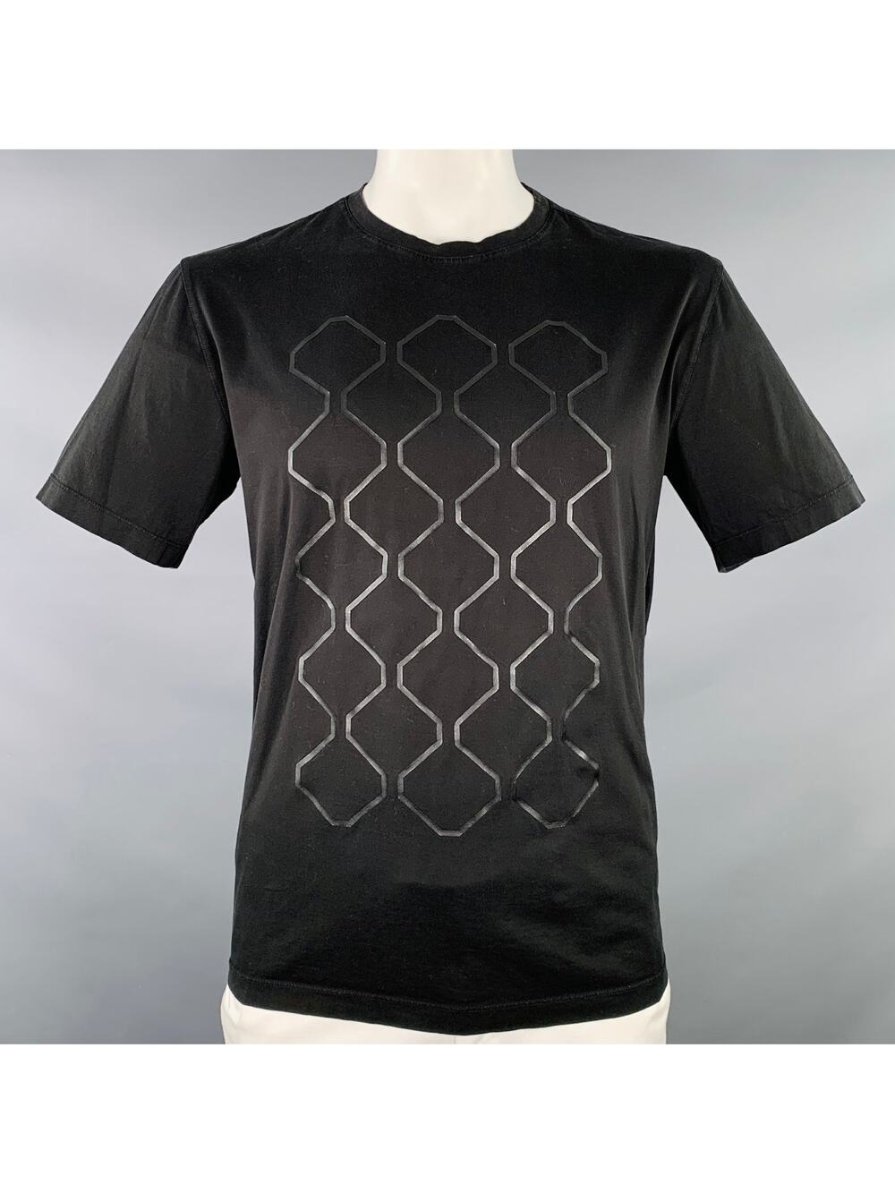Z ZEGNA Size XL Black Geometric Cotton Crew Neck T-shirt
